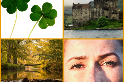 collection of images showing castle and clovers for Scotland travel