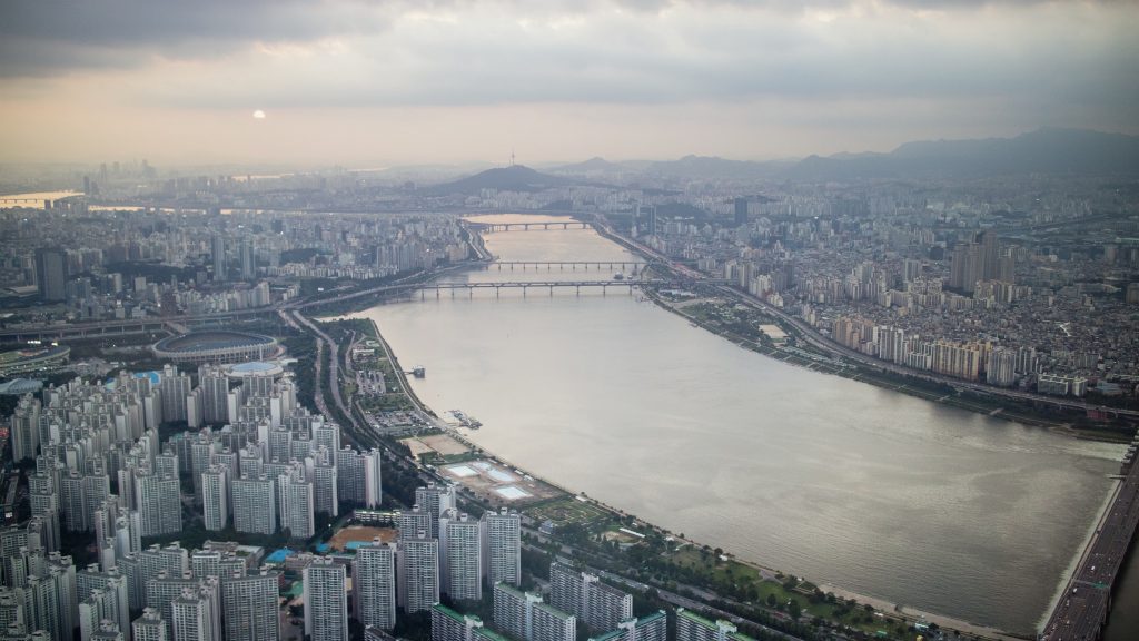 View of a city from an airplane while traveling with kids