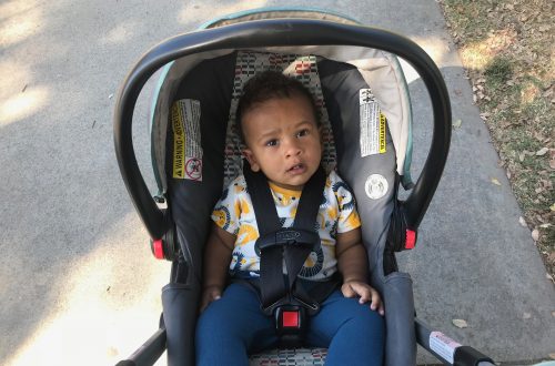 young child sitting in a stroller making eye contact with someone