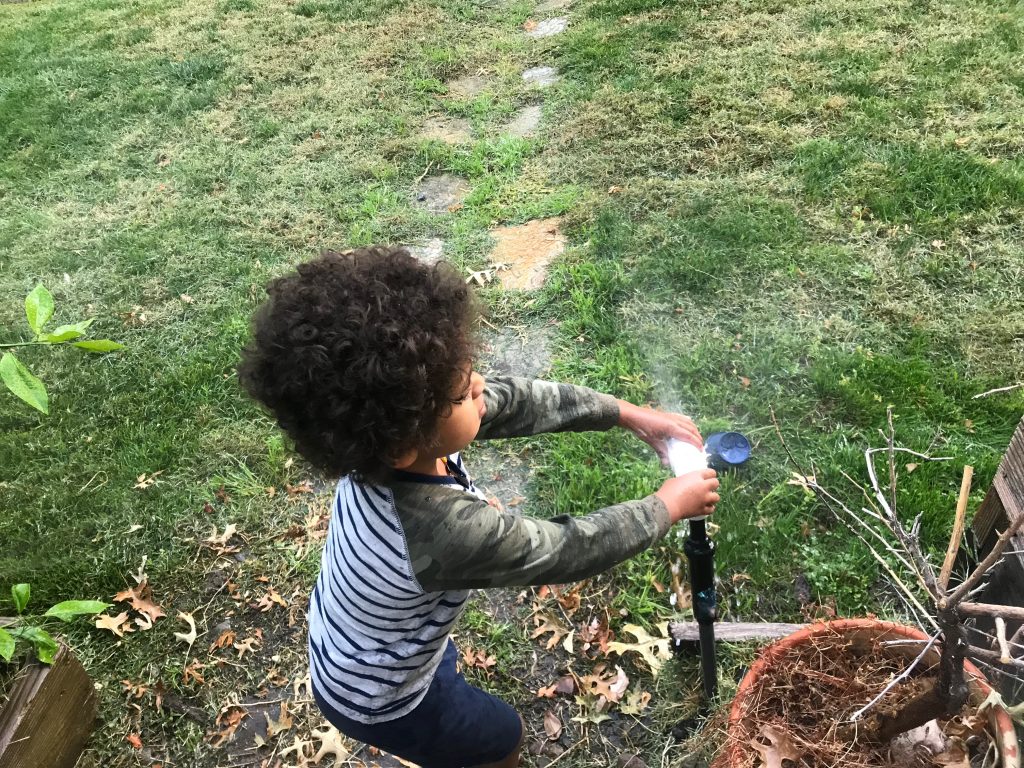 boy playing with a homemade catapult in the backyard 