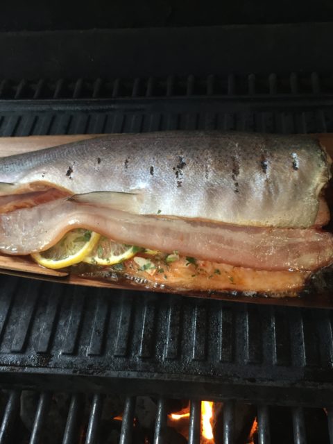 Grilling Cutthroat on Cast Iron with Cedar Sheets