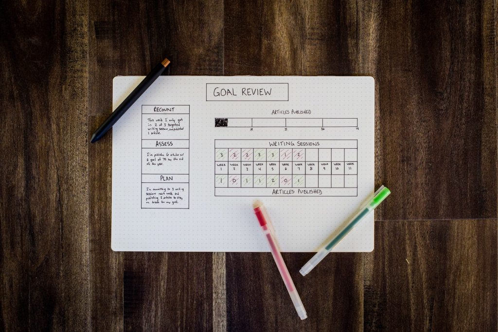 goal review sheet on white paper setting on desk with pens