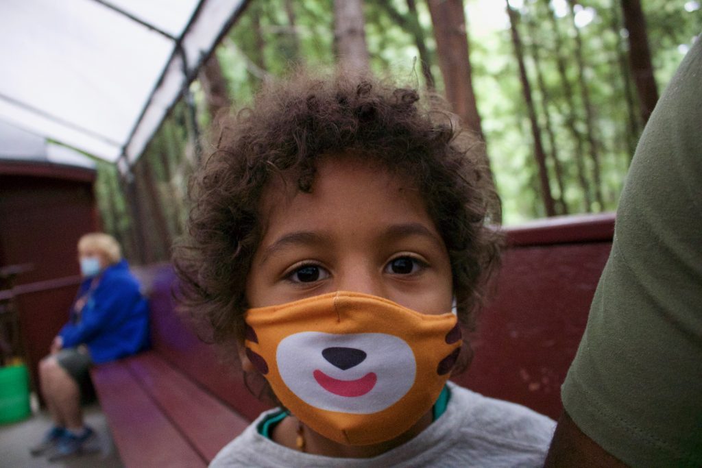 Remy wearing his animal mask on a train ride in Santa Cruz CA while traveling during COVID 